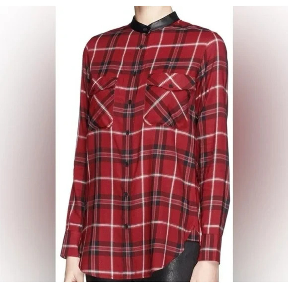 Vince Plaid Button Front Shirt Lamb Leather Collar Size 6 Red Black Long Sleeves - Picture 11 of 11